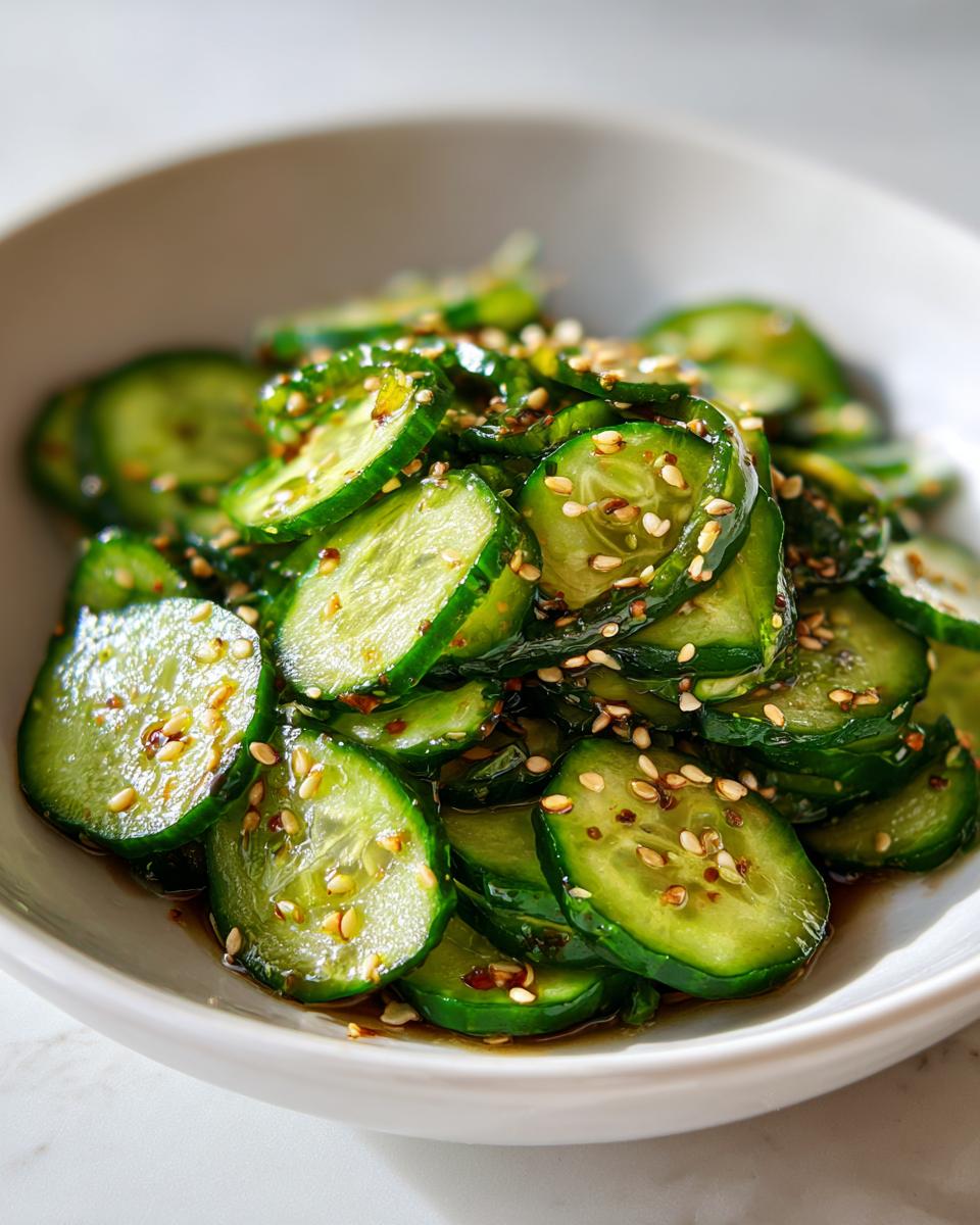Close-up of sliced cucumbers glistening in a savory dressing, topped generously with toasted sesame seeds, showcasing the Asian cucumber salad.