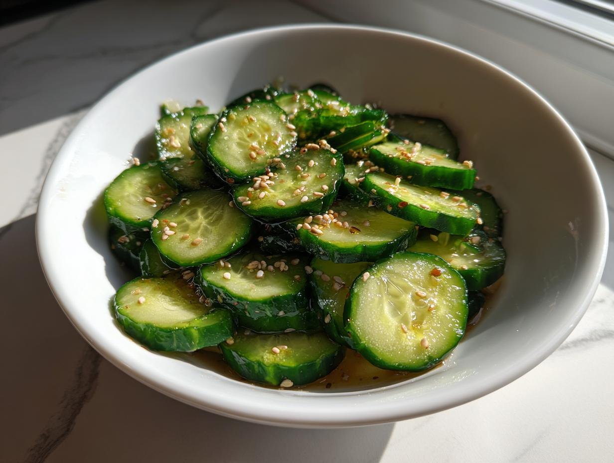 A white bowl filled with sliced, glistening Asian cucumber salad topped with toasted sesame seeds.