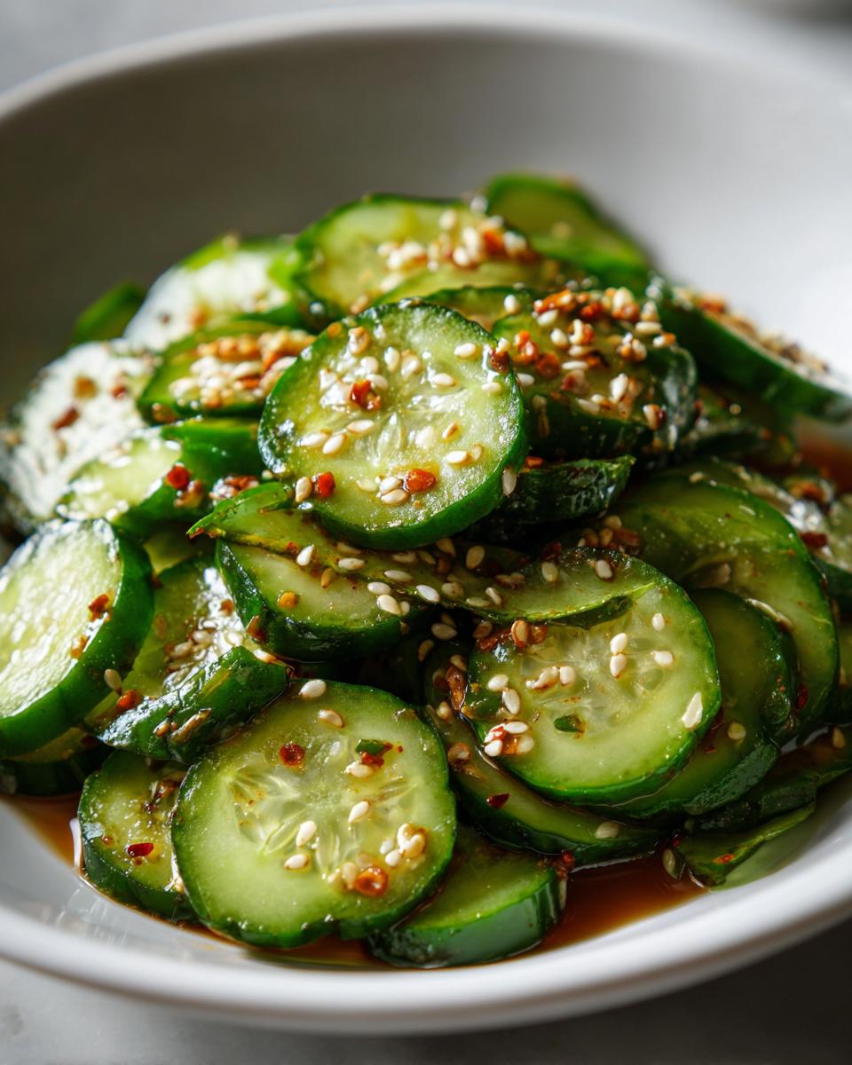 Close-up of sliced cucumbers in a savory dressing, topped with sesame seeds, ready to serve as Asian cucumber salad.