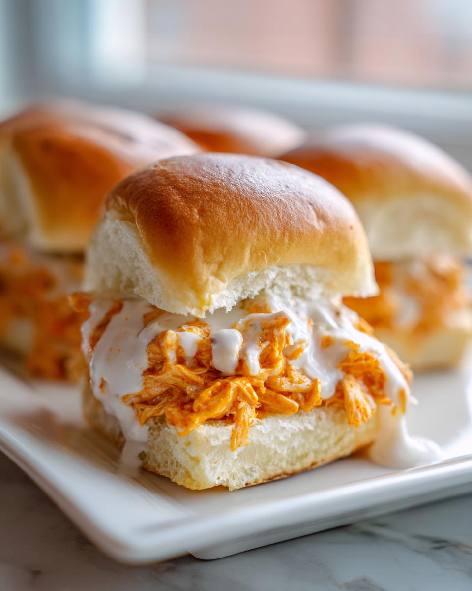 Close-up of a single buffalo chicken sliders sandwich filled with shredded orange chicken and drizzled with white ranch or blue cheese dressing.
