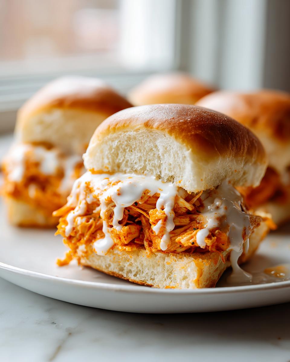 A close-up of one of the buffalo chicken sliders, featuring shredded orange chicken filling and a creamy white sauce drizzled over the top.