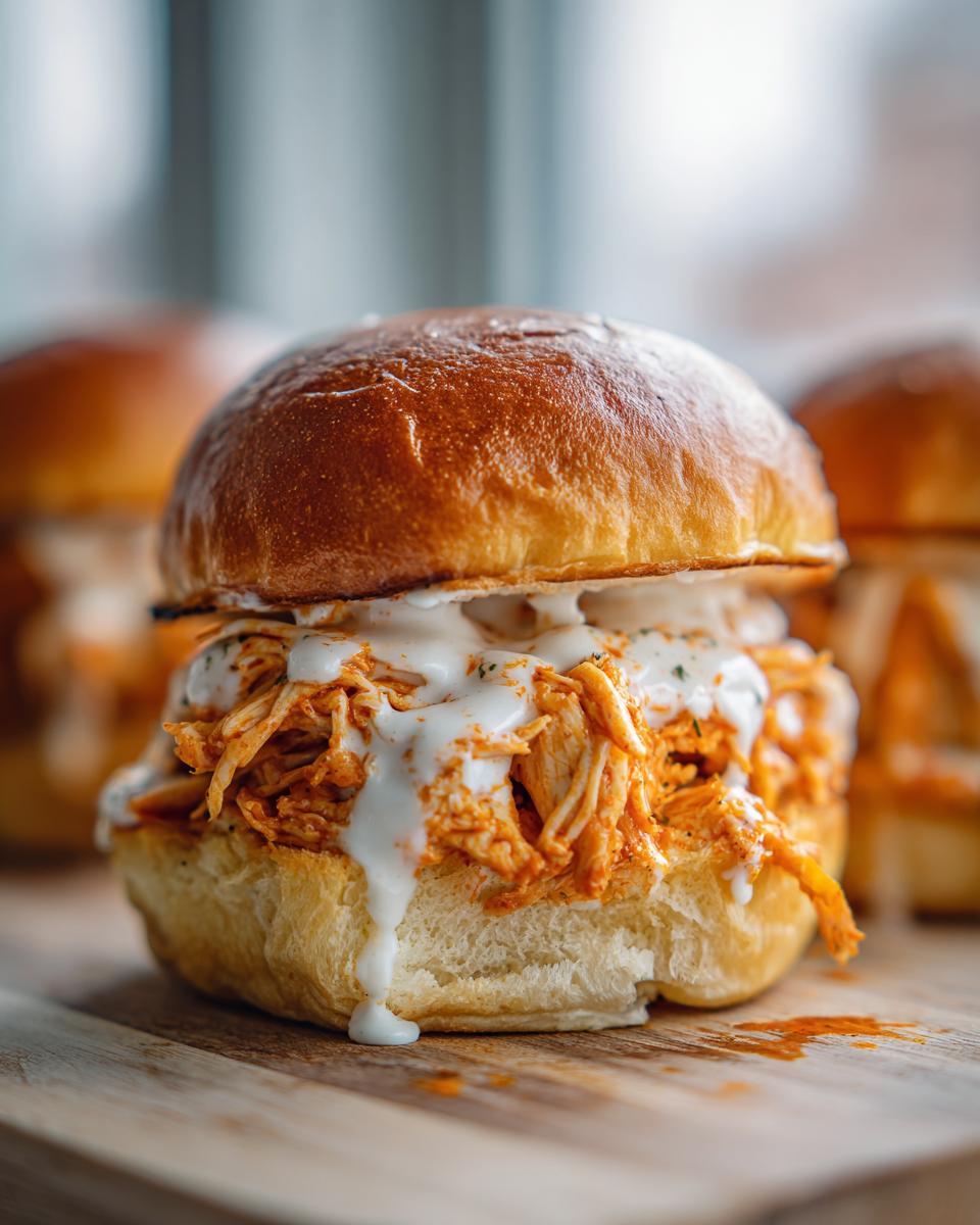 A close-up of a single buffalo chicken sliders filled with shredded spicy chicken and drizzled with ranch or blue cheese dressing.