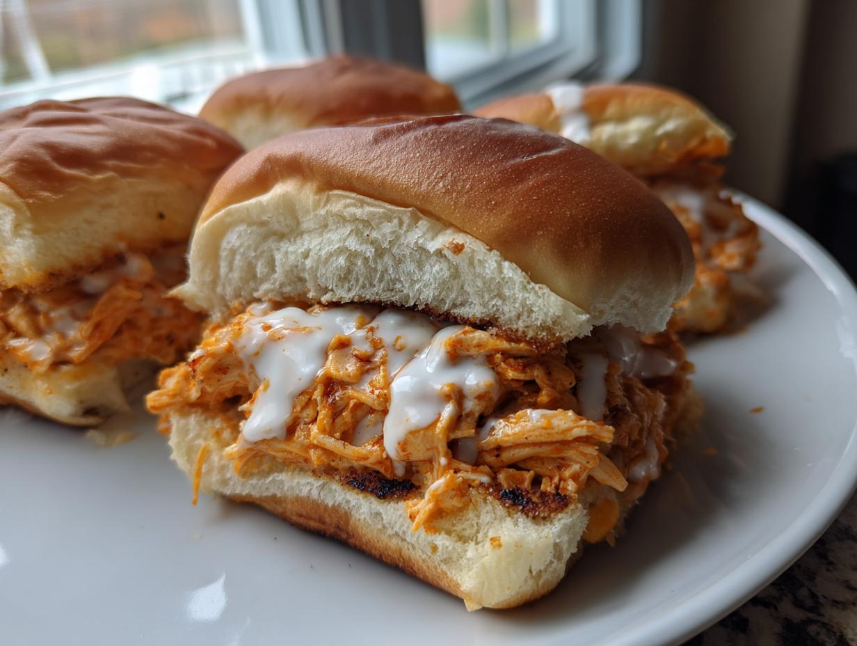 A close-up of one of the buffalo chicken sliders filled with shredded orange chicken and drizzled with white ranch or blue cheese dressing.