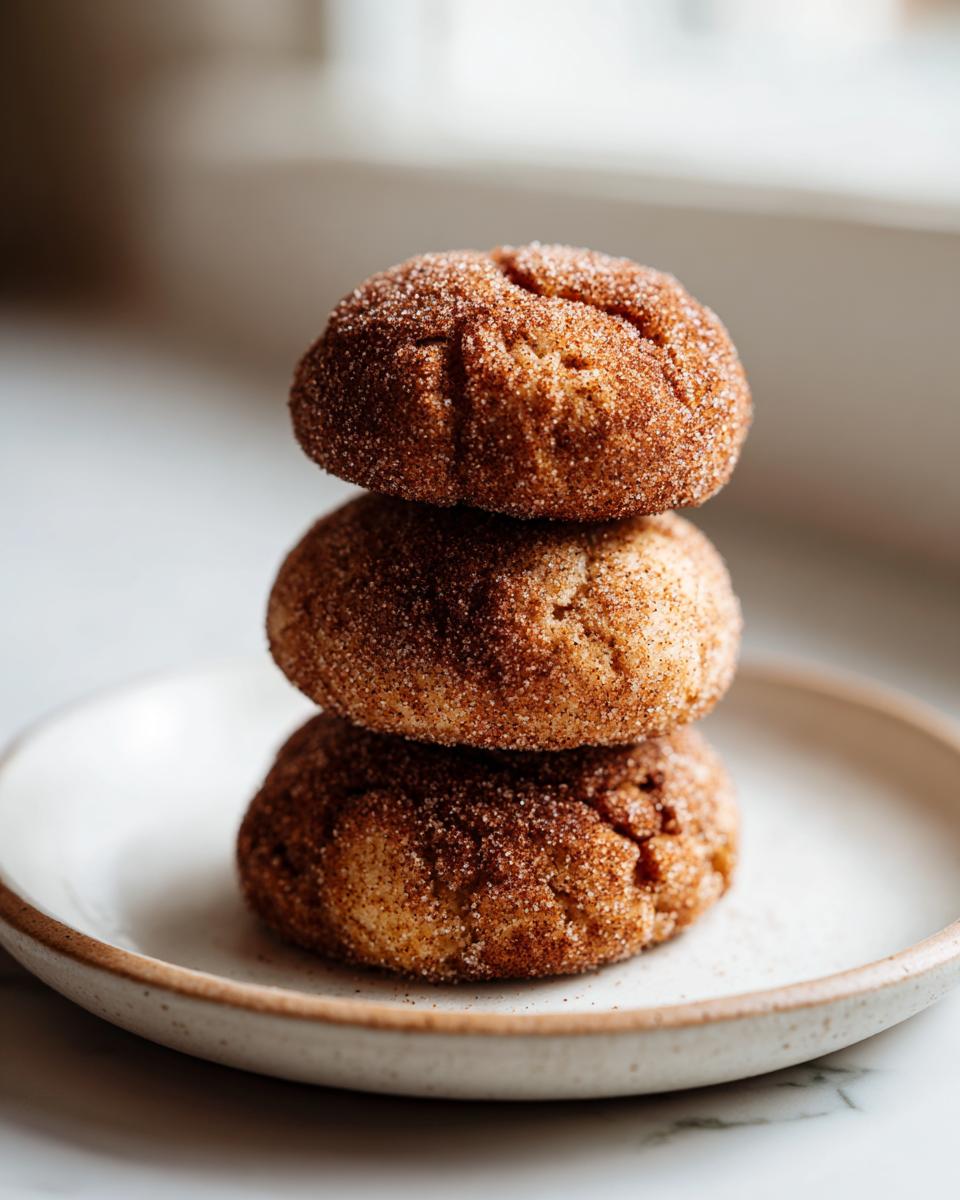 Three soft, round churro cookies coated in cinnamon sugar stacked vertically on a small plate.