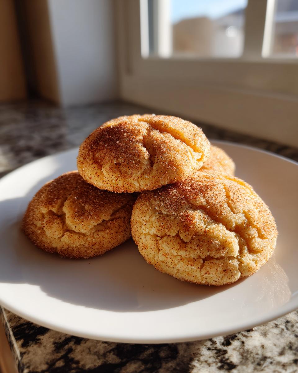A stack of three golden brown churro cookies coated in cinnamon sugar resting on a white plate.