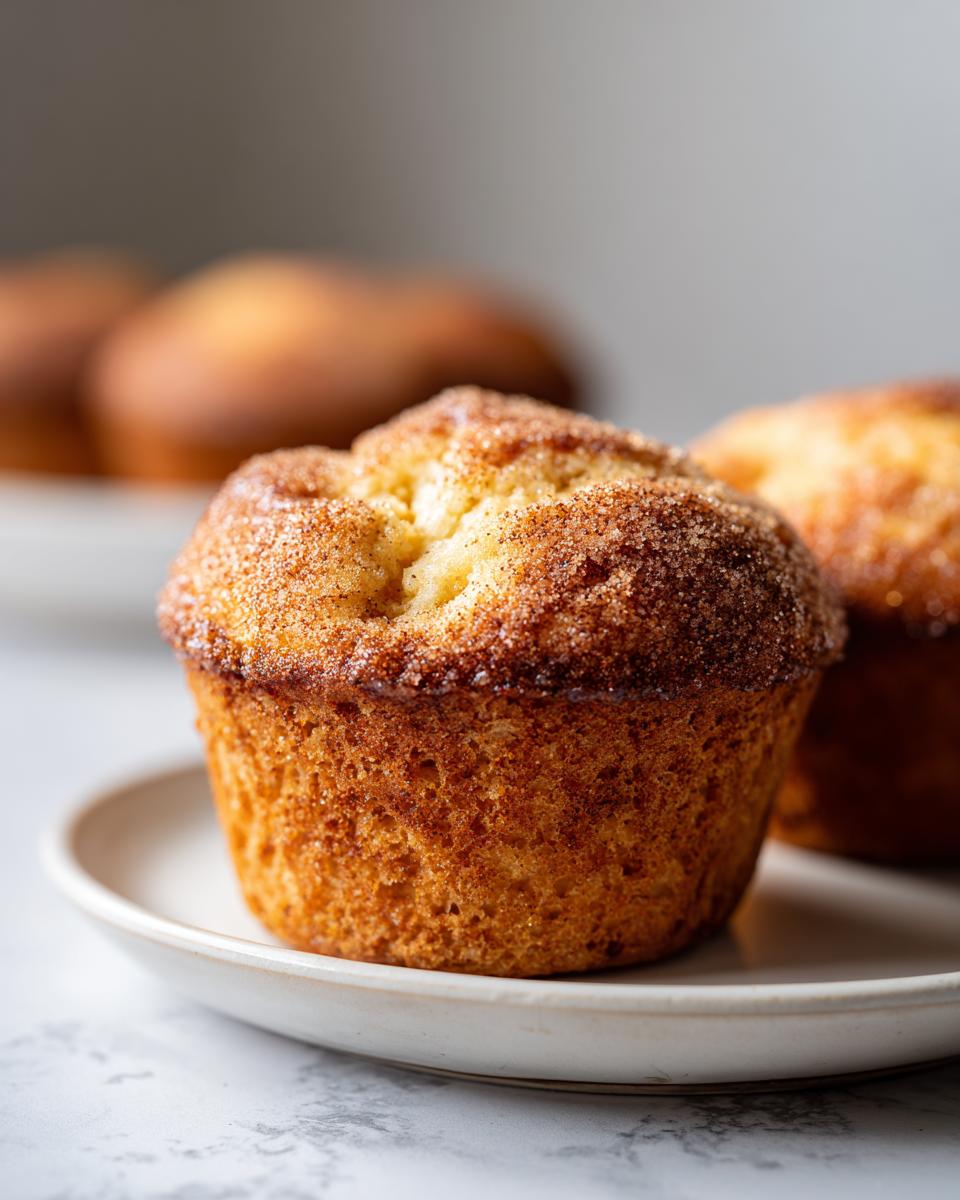 A close-up of a freshly baked cinnamon sugar french toast muffin sitting on a small white plate.