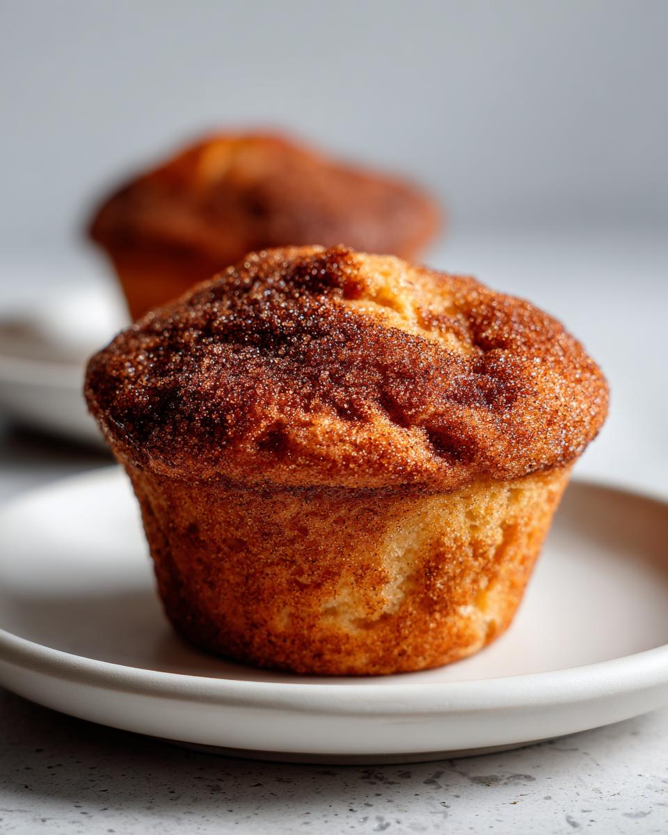 A close-up of a golden brown cinnamon sugar french toast muffins topped with sparkling cinnamon sugar.