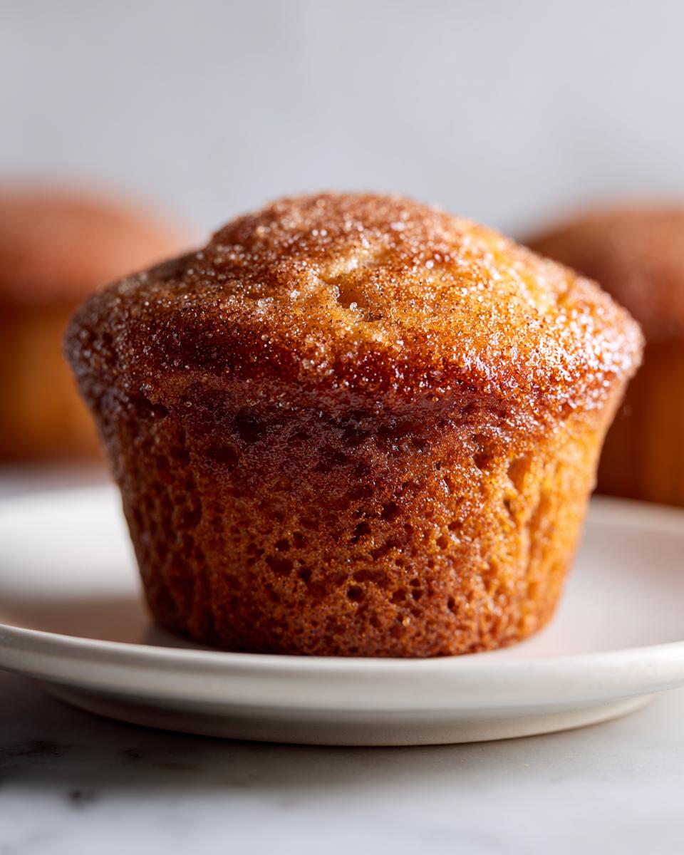 A close-up of a golden brown cinnamon sugar french toast muffins topped with sparkling sugar crystals.