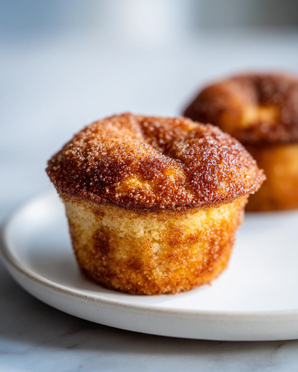 A close-up of one perfectly baked cinnamon sugar french toast muffin with a crunchy, sugary top.