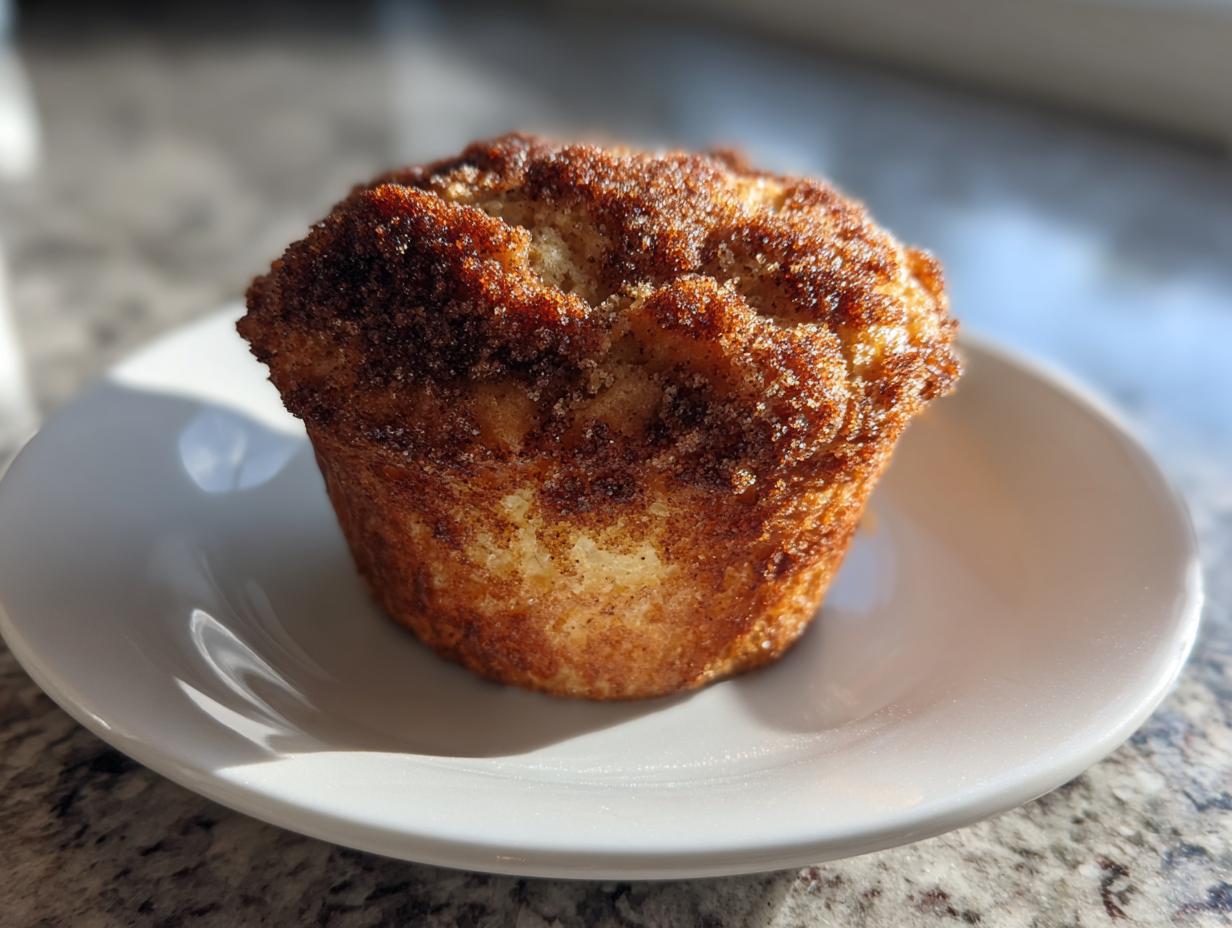 A single, golden-brown cinnamon sugar french toast muffins topped with coarse sugar, sitting on a white plate.