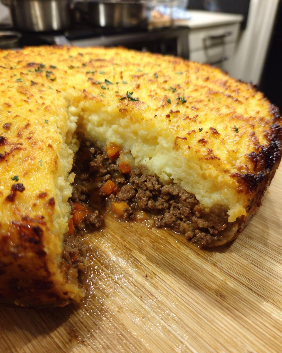 Close-up of a freshly baked cottage pie recipe with a scoop removed, showing the rich meat filling and golden mashed potato topping.