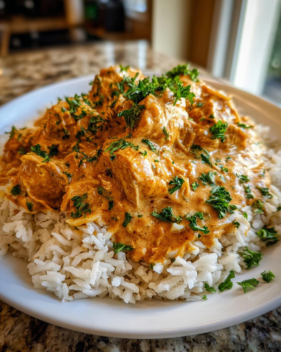 Close-up of creamy Cajun chicken pieces served over a bed of fluffy white rice, garnished with fresh parsley.