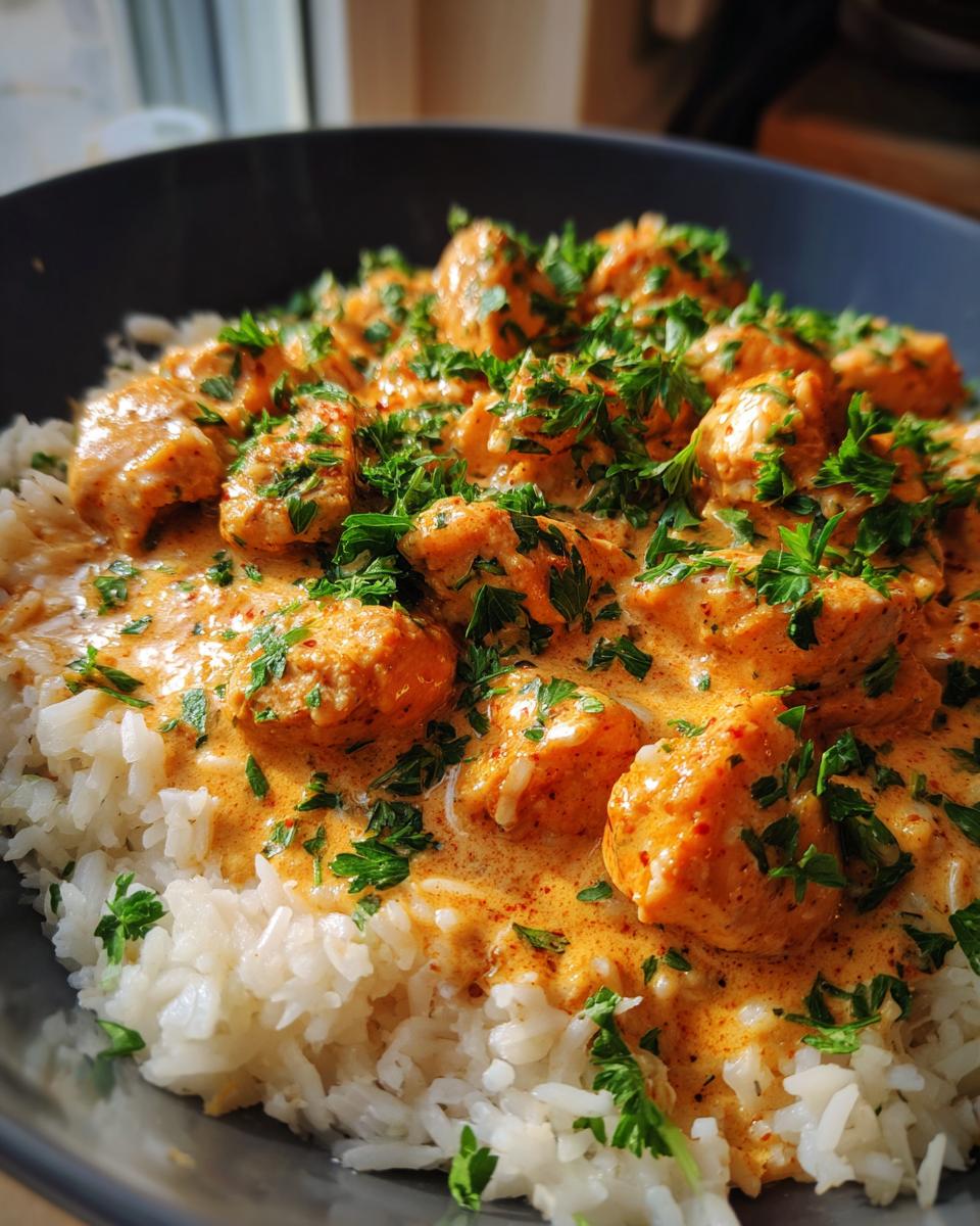 Close-up of creamy, orange-sauced cajun chicken pieces served over fluffy white rice and garnished with fresh parsley.