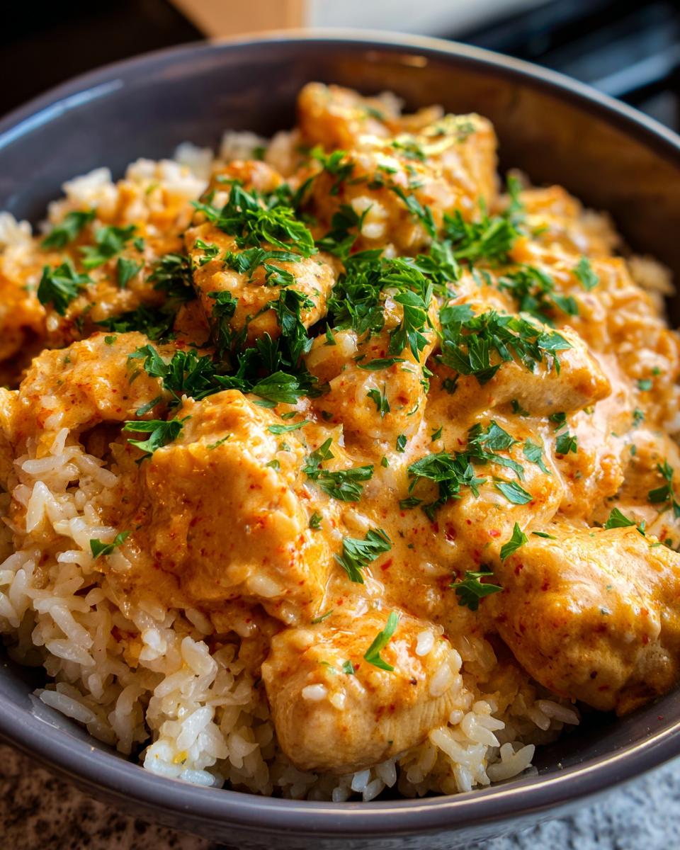 Close-up of creamy Cajun chicken pieces served over white rice and garnished with fresh parsley.