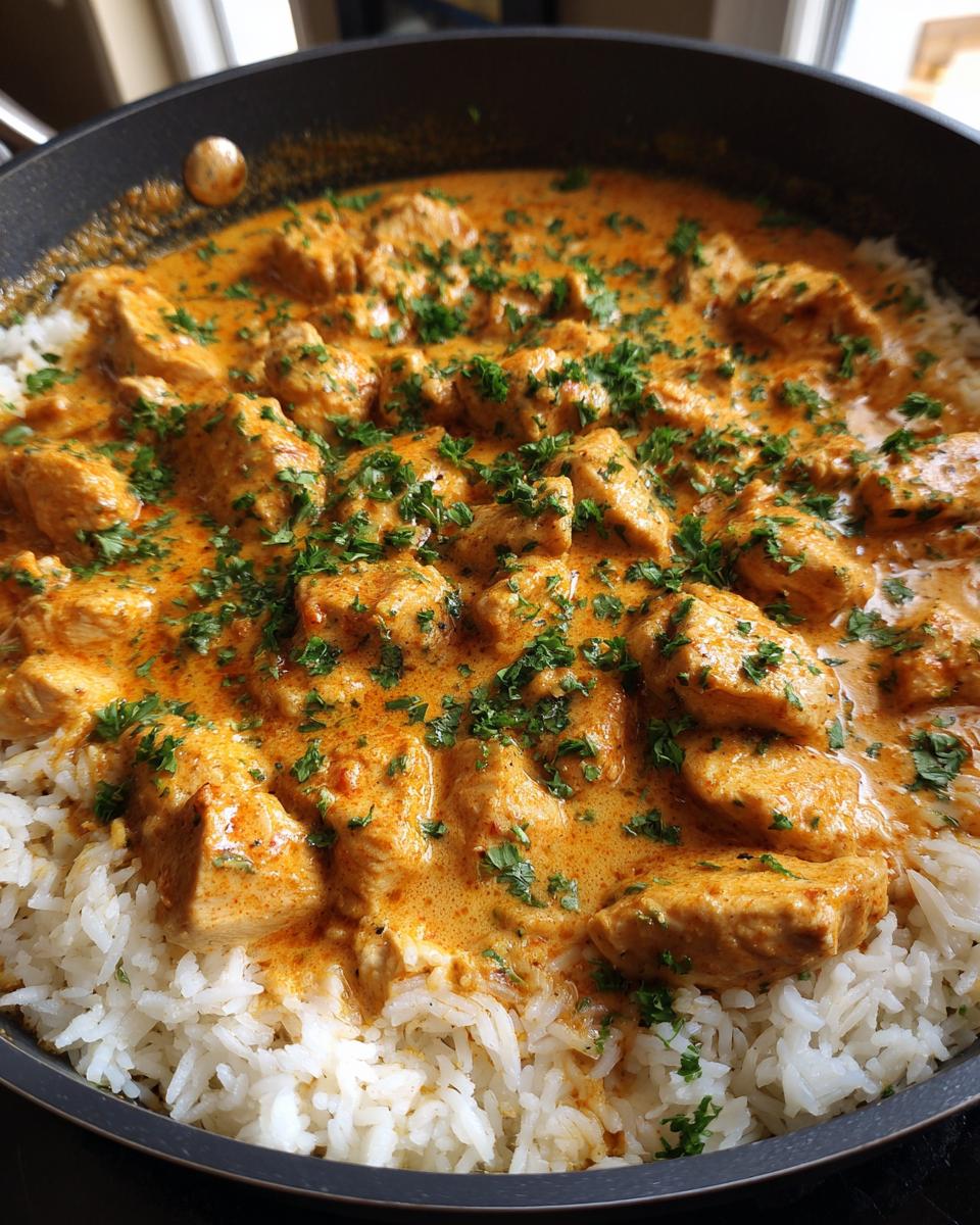 Close-up of creamy, orange-sauced Cajun chicken pieces served over a bed of white rice and garnished with parsley.