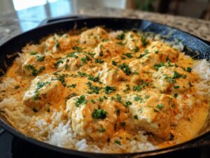 Close-up of creamy Cajun chicken pieces served over a bed of white rice in a black skillet, garnished with parsley.