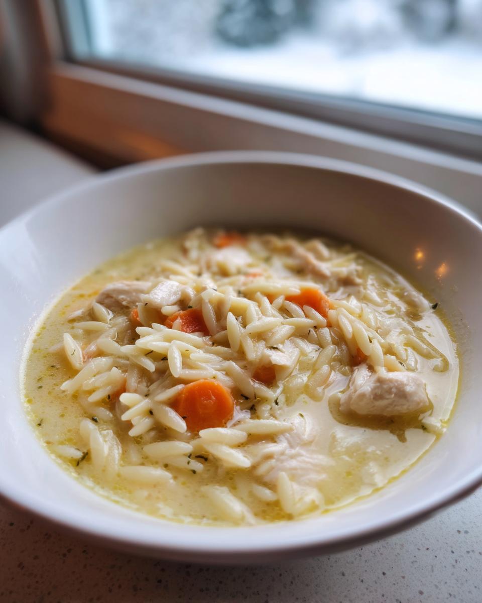 Close-up of a white bowl filled with creamy chicken orzo soup featuring carrots and herbs, set near a window.