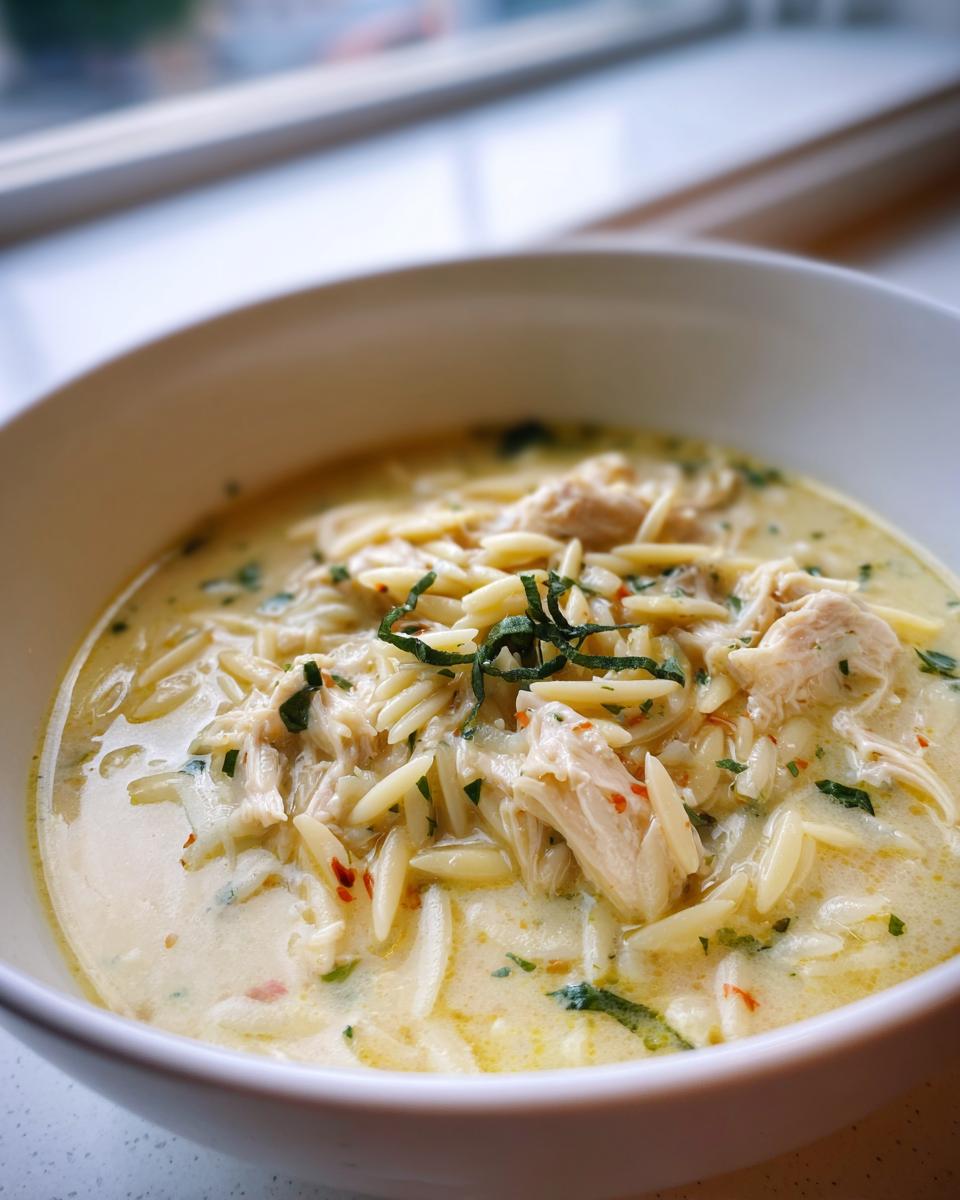 Close-up of creamy chicken orzo soup with shredded chicken and herbs in a white bowl.