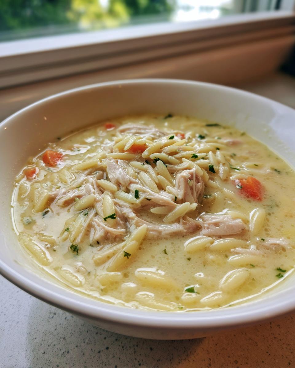 Close-up of a bowl of creamy chicken orzo soup with shredded chicken and carrots.