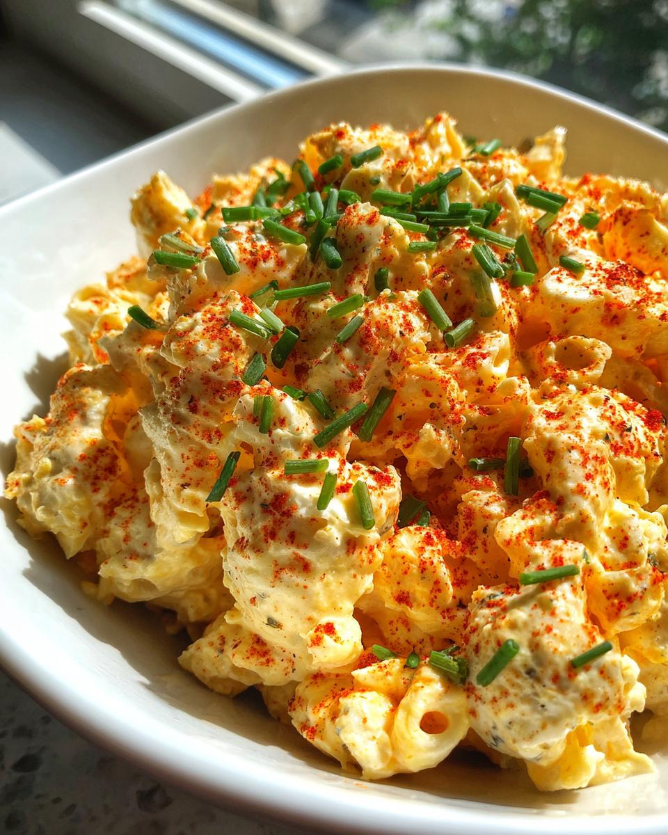 Close-up of creamy deviled egg pasta salad mixed with macaroni, garnished with paprika and fresh chives.