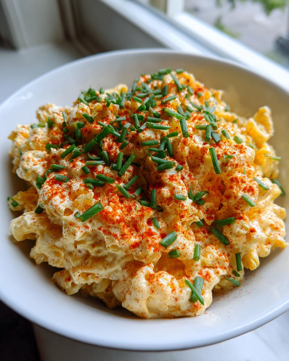 A close-up of creamy deviled egg pasta salad topped with paprika and fresh chives in a white bowl.