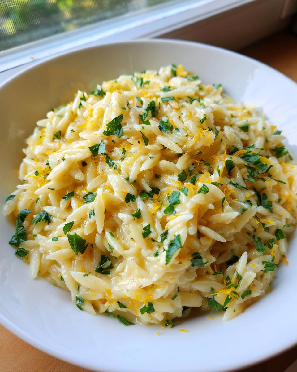 Close-up of creamy lemon orzo pasta topped with fresh parsley and lemon zest in a white bowl.