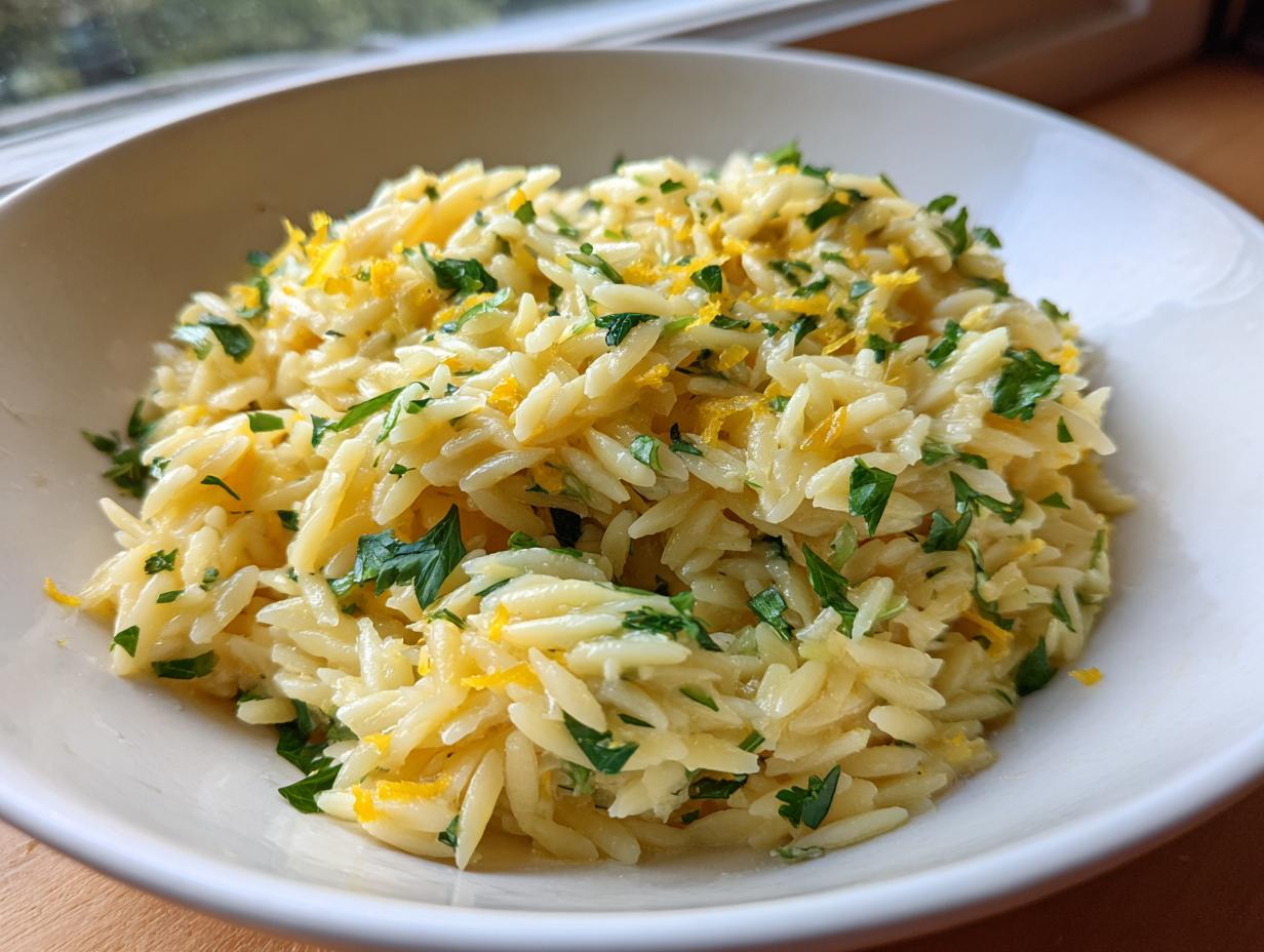 Close-up of creamy lemon orzo pasta garnished with fresh parsley and bright yellow lemon zest.
