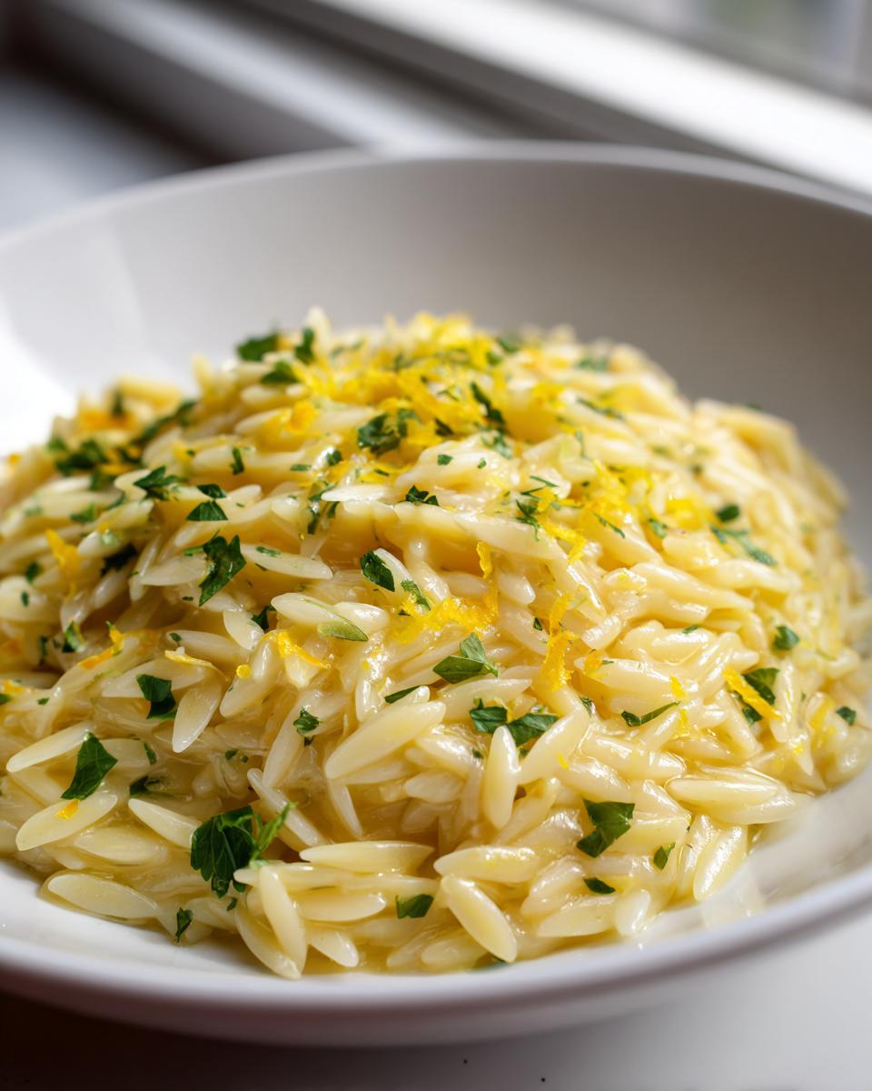 Close-up of creamy lemon orzo pasta topped with fresh parsley and bright yellow lemon zest.