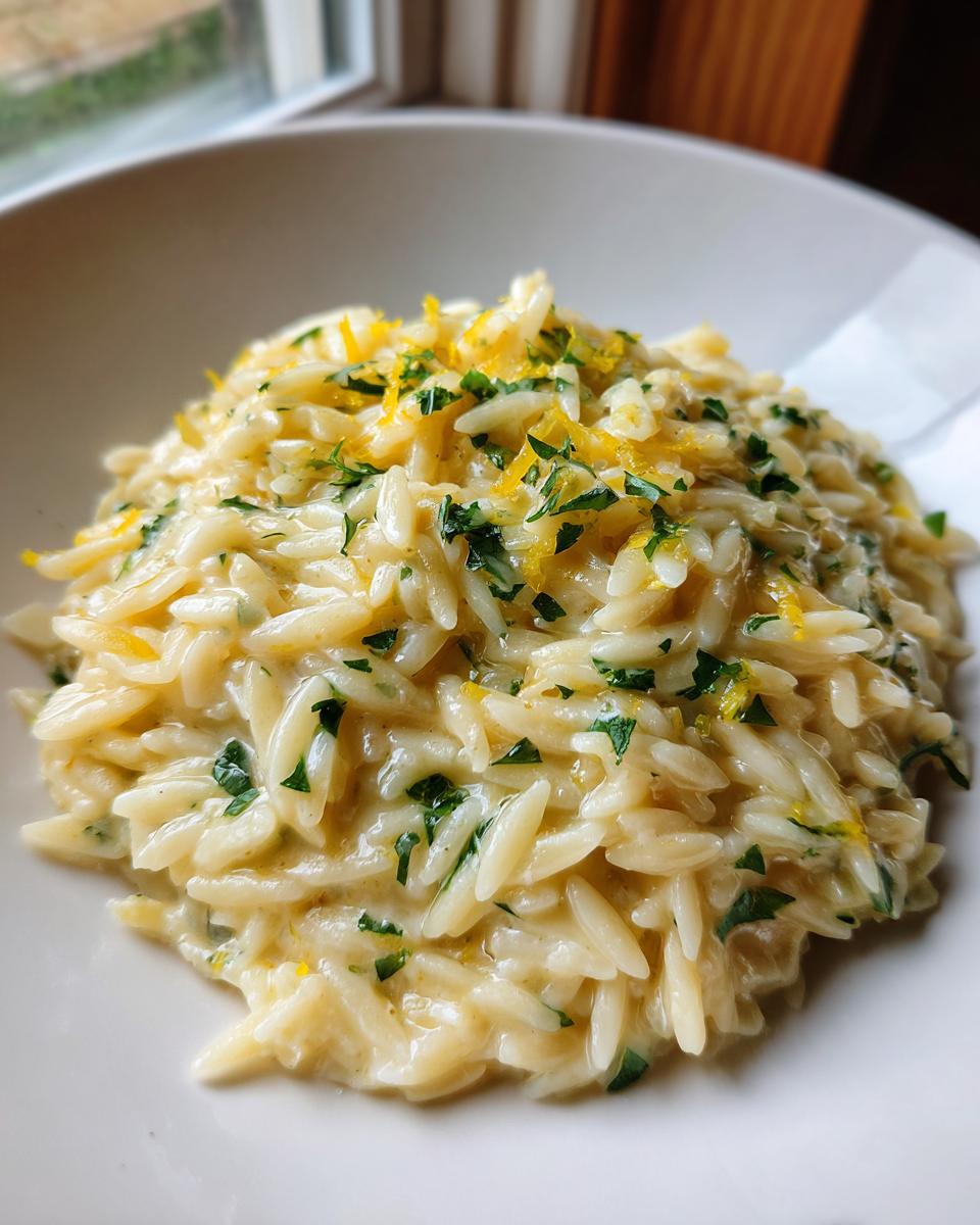 Close-up of creamy lemon orzo pasta topped with fresh parsley and bright yellow lemon zest.