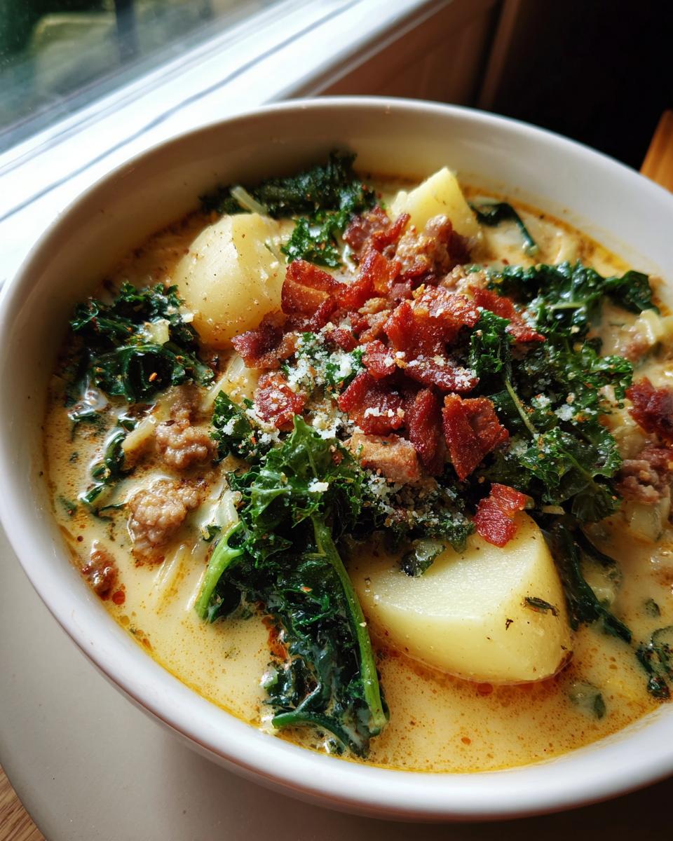 A close-up bowl of creamy Zuppa Toscana soup featuring potatoes, sausage, kale, and crumbled bacon.