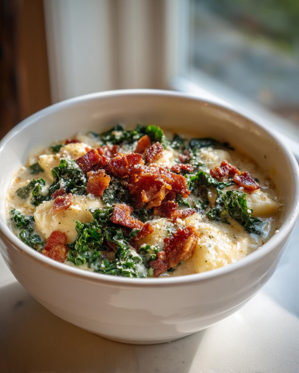 A close-up of a white bowl filled with creamy Zuppa Toscana soup, topped with crispy bacon bits and kale.