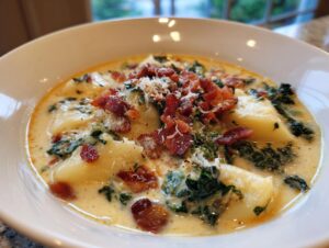 Close-up of a bowl of rich Zuppa Toscana soup featuring potatoes, kale, and topped with crispy bacon and Parmesan cheese.