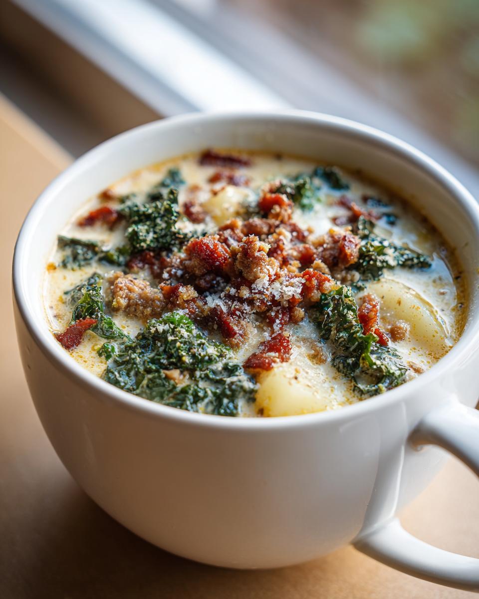 Close-up of a hearty bowl of Zuppa Toscana soup with kale, sausage, and a creamy broth.