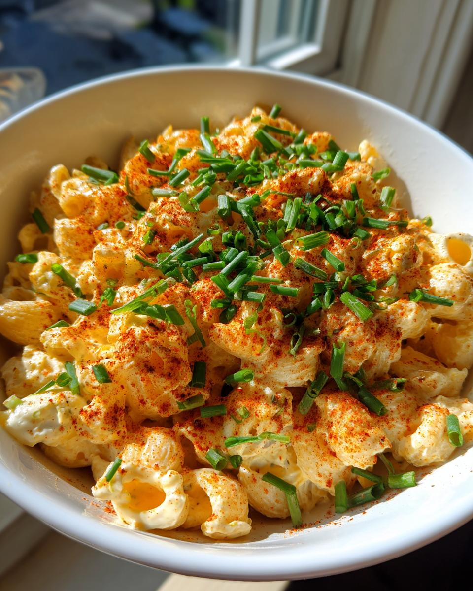 Close-up of creamy deviled egg pasta salad in a white bowl, garnished heavily with paprika and fresh chopped chives.