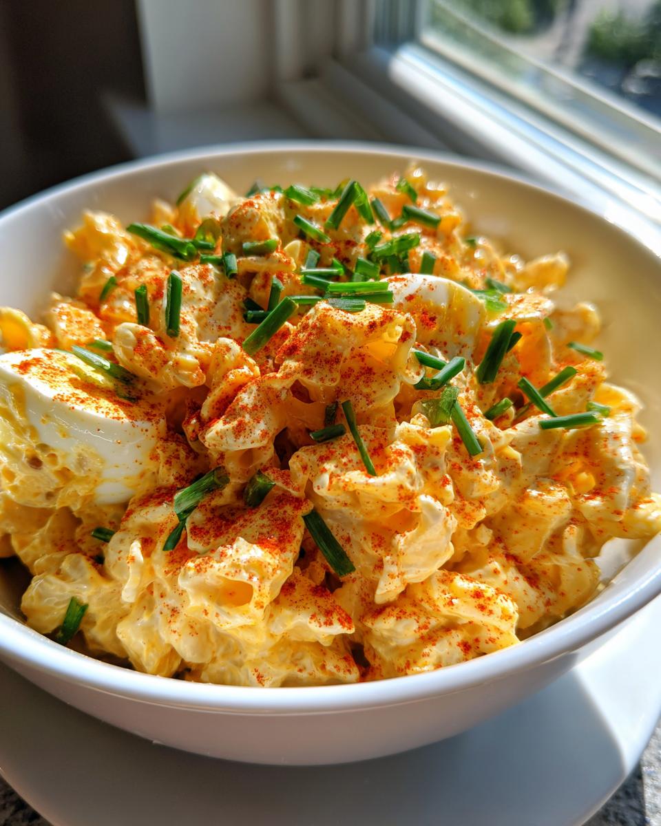 A close-up of creamy deviled egg pasta salad topped with paprika and fresh chives in a white bowl.