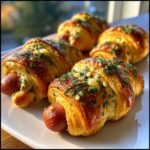Four golden brown pigs in a blanket wrapped in flaky pastry, topped with melted cheese and fresh herbs.
