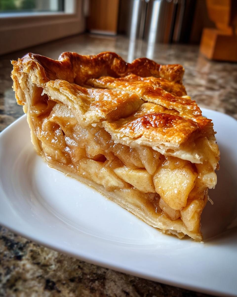 Close-up of a perfect slice of apple pie showing flaky crust and rich apple filling.
