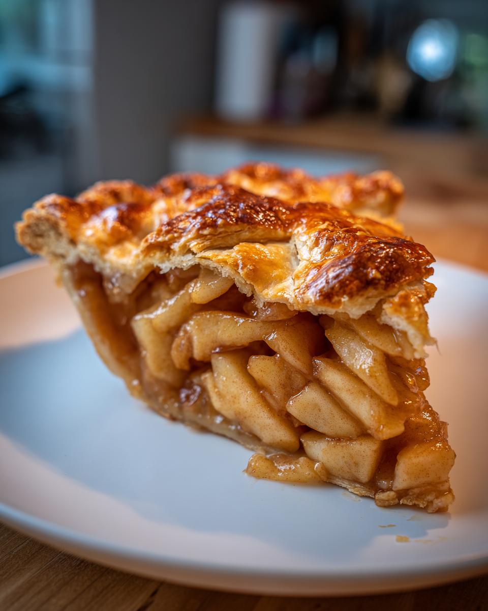 Close-up of a thick slice of homemade apple pie showing layered, caramelized apple filling and a golden, flaky crust.