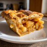 Close-up of a golden, flaky slice of apple pie showing the thick, caramelized apple filling inside.