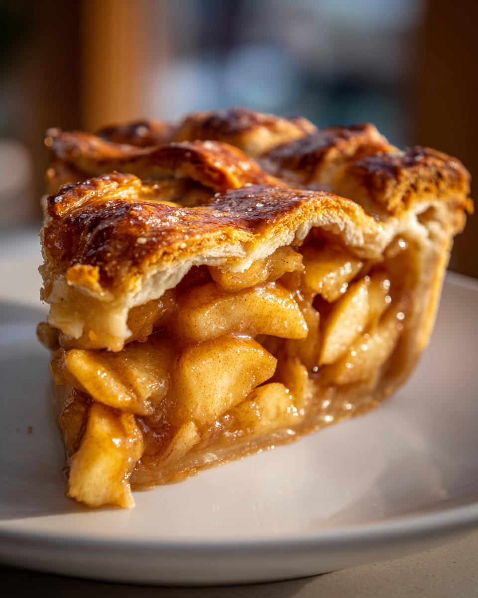 Close-up of a thick slice of homemade apple pie showing caramelized filling and a golden, flaky crust.