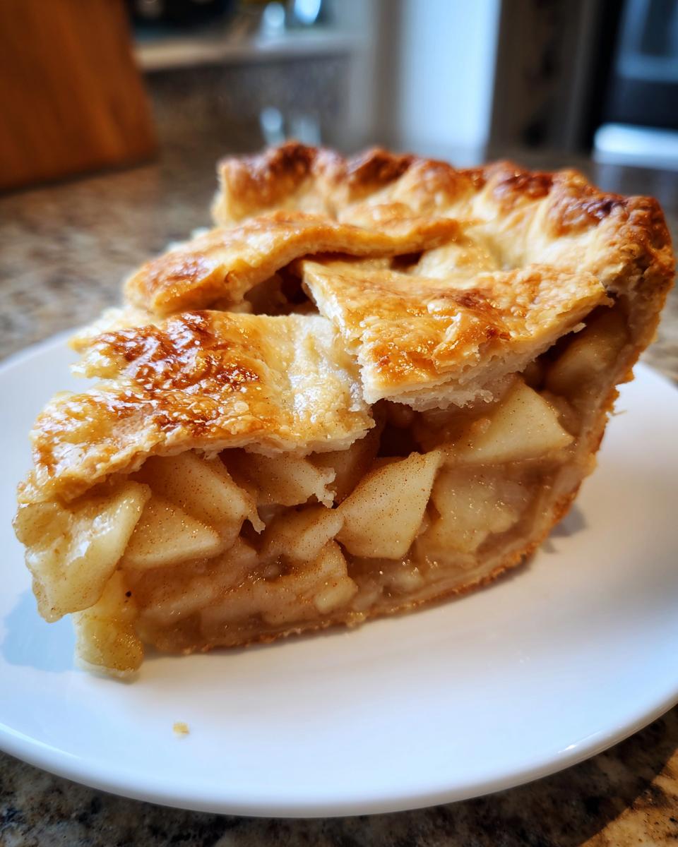 Close-up of a thick slice of homemade apple pie showing flaky crust and cinnamon-spiced apple filling.
