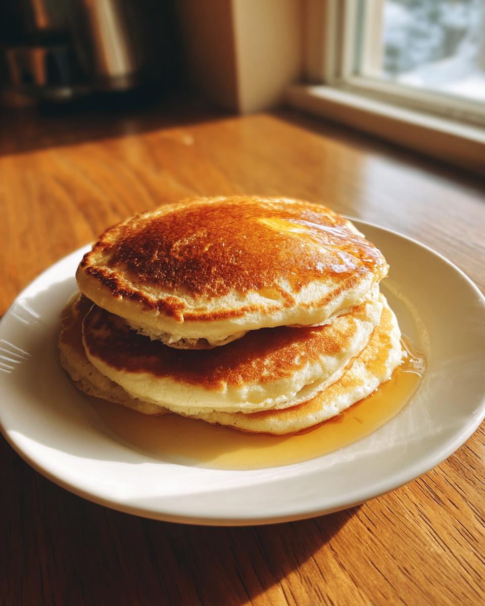 A stack of three fluffy discard pancakes drizzled with melted butter and syrup on a white plate.