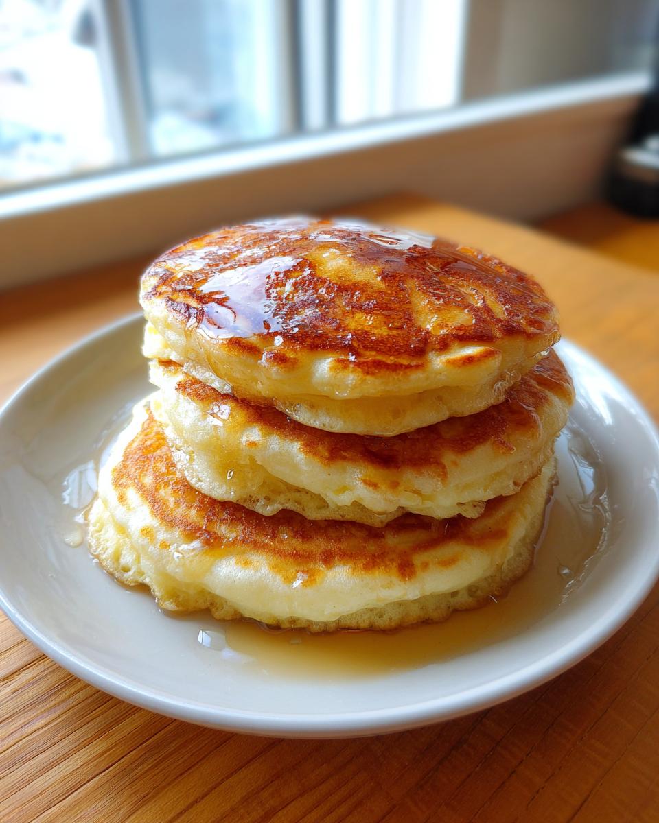 A tall stack of three fluffy discard pancakes drizzled generously with golden syrup on a white plate.