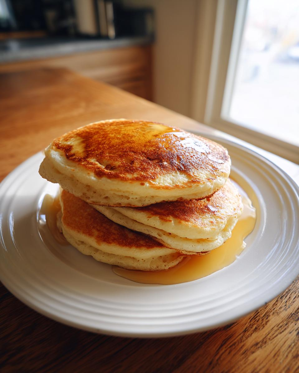 A tall stack of three fluffy discard pancakes drizzled with maple syrup on a white plate.