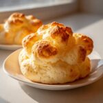 Close-up of a freshly baked, golden-brown cloud bread bun sitting on a white plate.