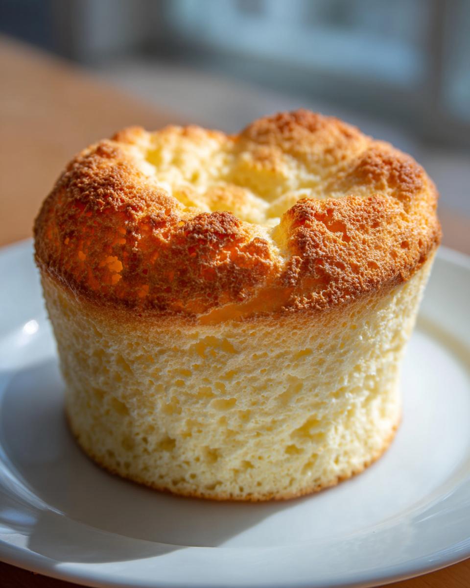 A single, tall, fluffy cloud bread bun with a golden-brown top, sitting on a white plate.