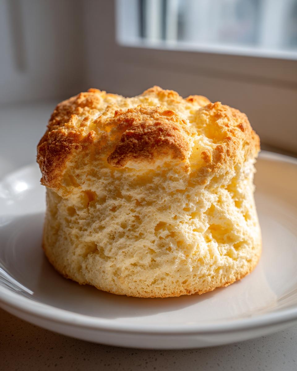 A single, tall, fluffy cloud bread bun with a golden-brown top, sitting on a white plate.
