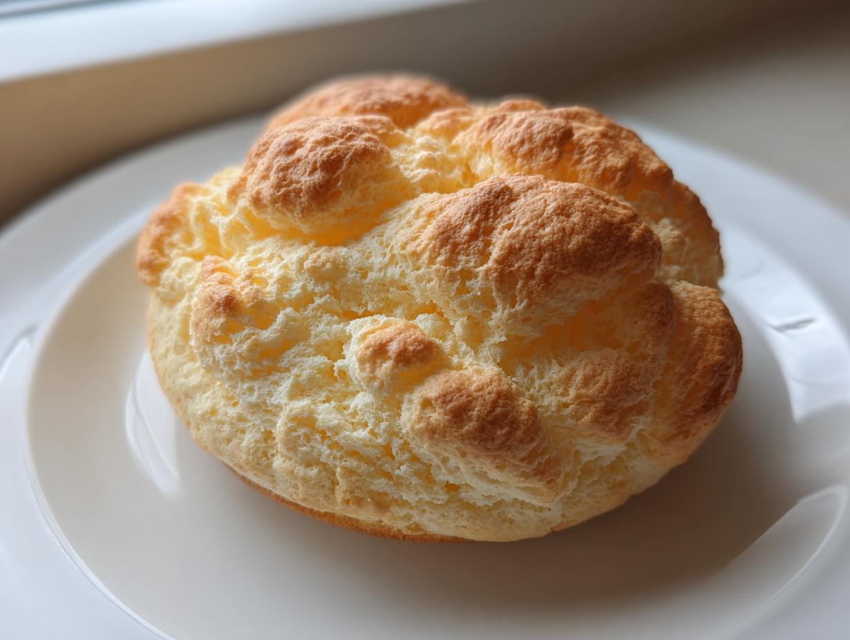 A single, light, and fluffy cloud bread bun with a golden-brown top resting on a white plate.