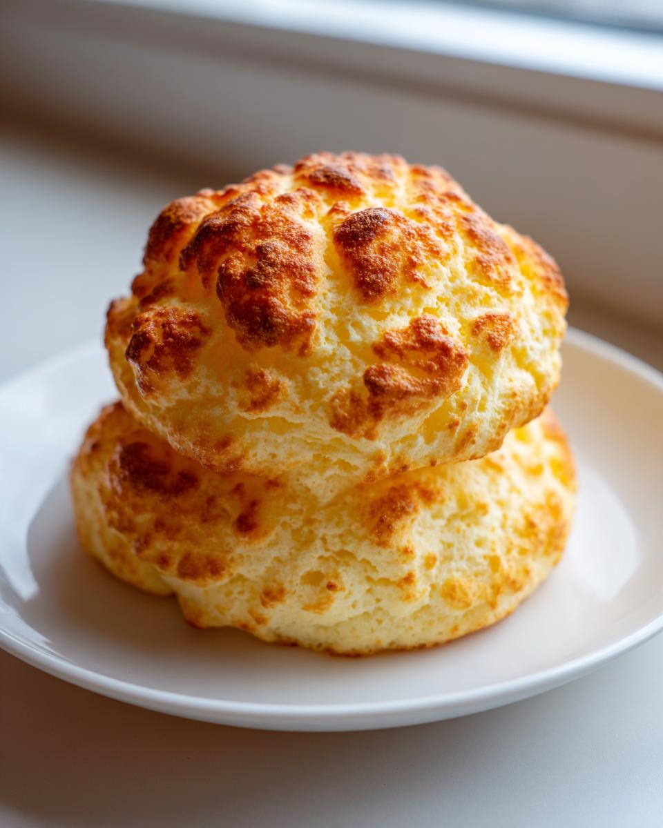 Two golden-brown, fluffy cloud bread buns stacked on a white plate, showing their airy texture.