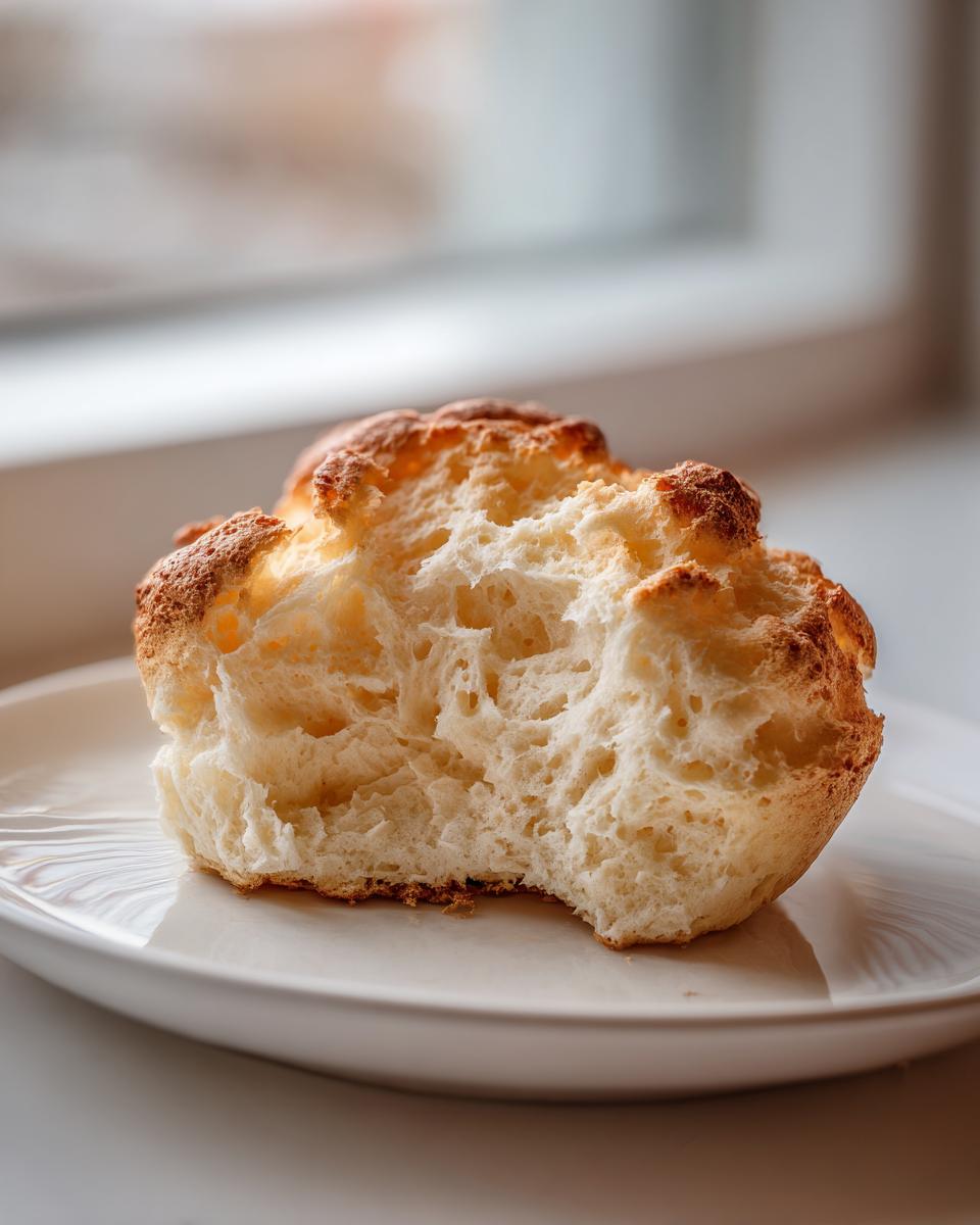 Close-up of torn cloud bread showing its airy, fluffy interior texture on a white plate.